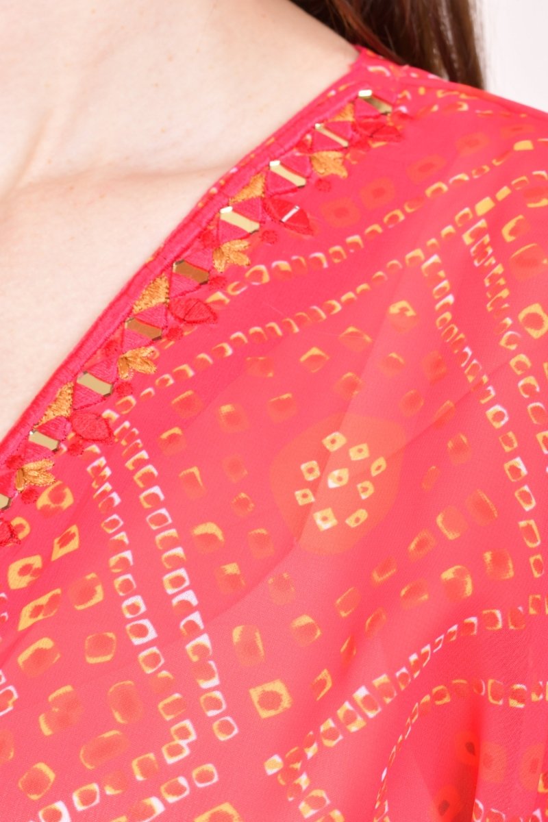Red Bandhani Print Boho Kaftan Top with Mirror & Resham Embroidery KAFTAN RAAS