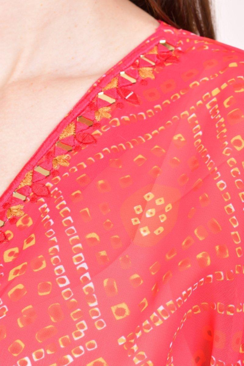 Red Bandhani Print Boho Kaftan Top with Mirror & Resham Embroidery KAFTAN RAAS