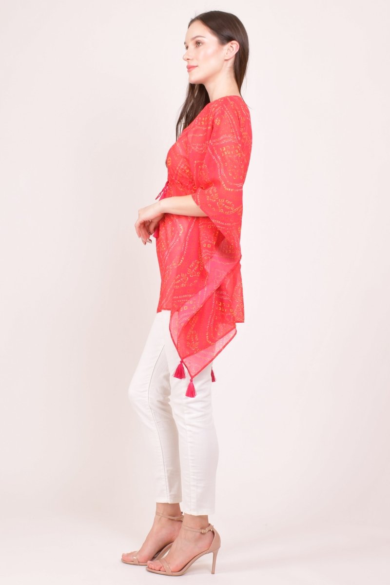 Red Bandhani Print Boho Kaftan Top with Mirror & Resham Embroidery KAFTAN RAAS