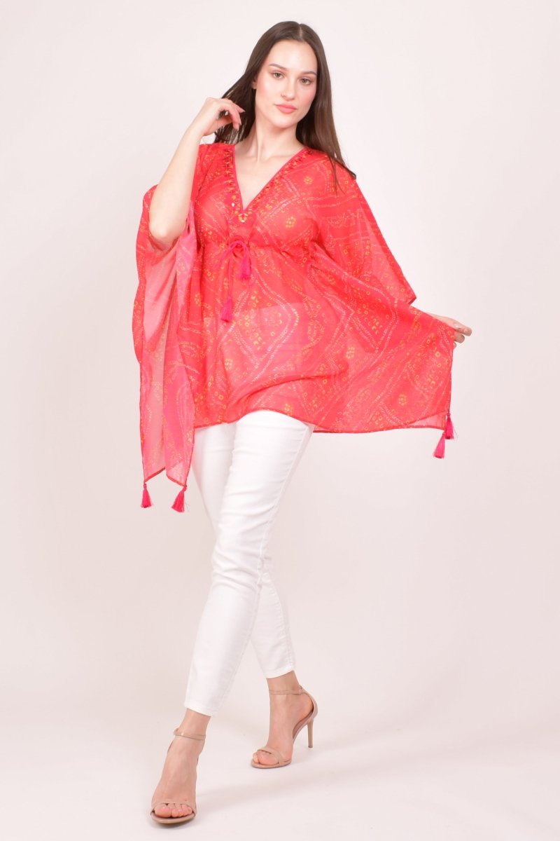 Red Bandhani Print Boho Kaftan Top with Mirror & Resham Embroidery KAFTAN RAAS