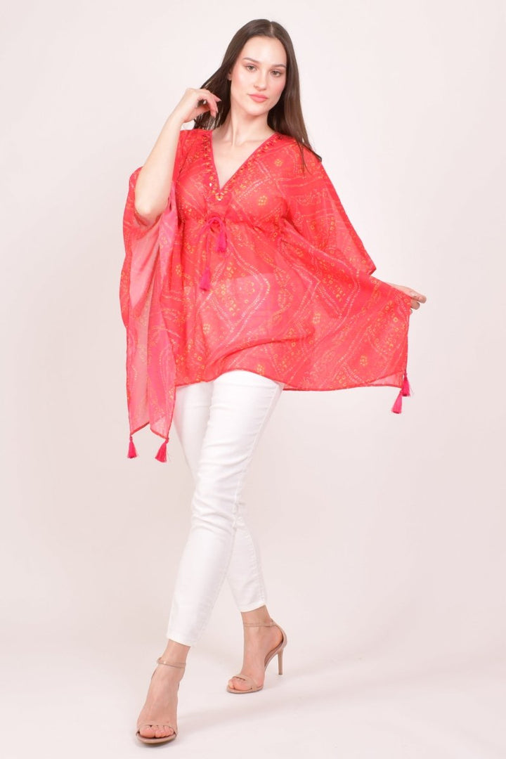 Red Bandhani Print Boho Kaftan Top with Mirror & Resham Embroidery KAFTAN RAAS