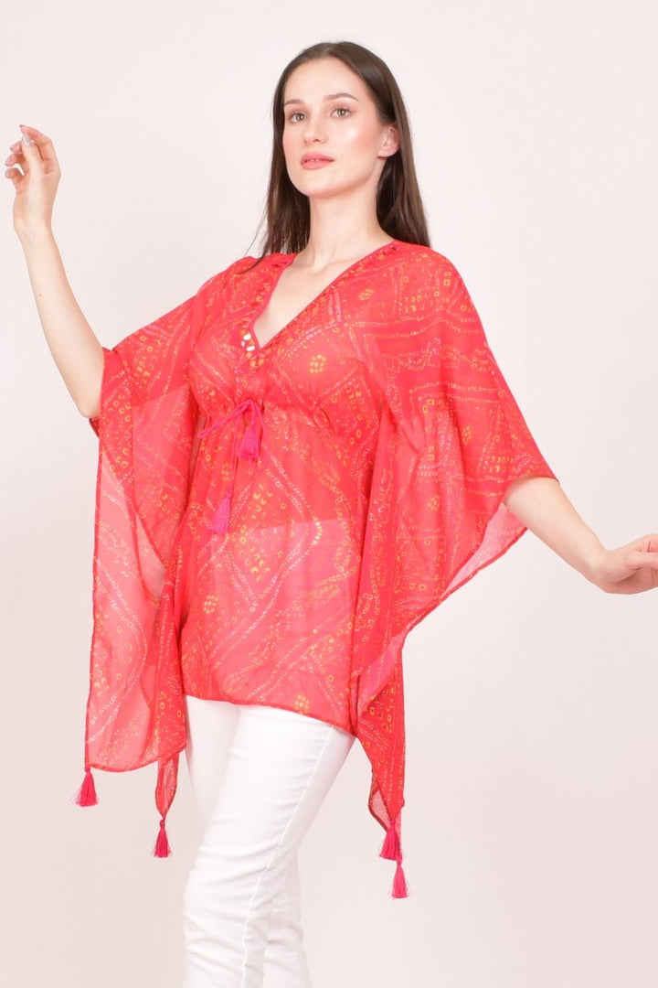 Red Bandhani Print Boho Kaftan Top with Mirror & Resham Embroidery KAFTAN RAAS