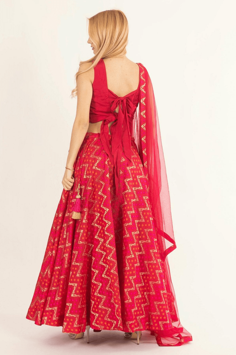 Red Chaniya Choli with Tie-Back Blouse-[mehendi outfit]-Raas