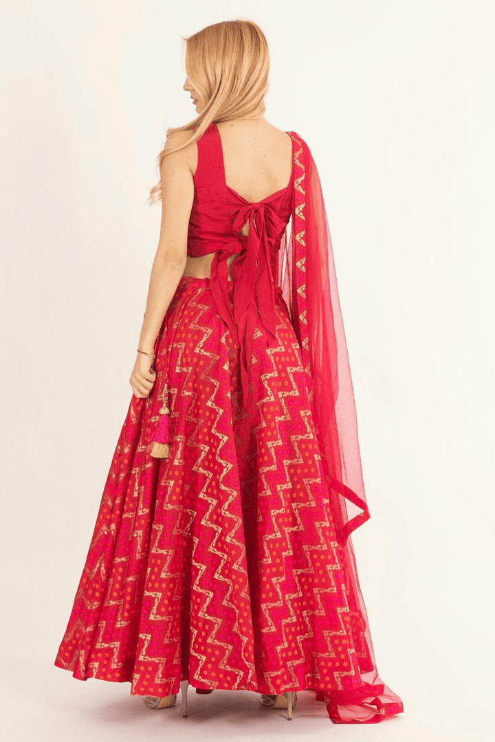 Red Chaniya Choli with Tie-Back Blouse-[mehendi outfit]-Raas