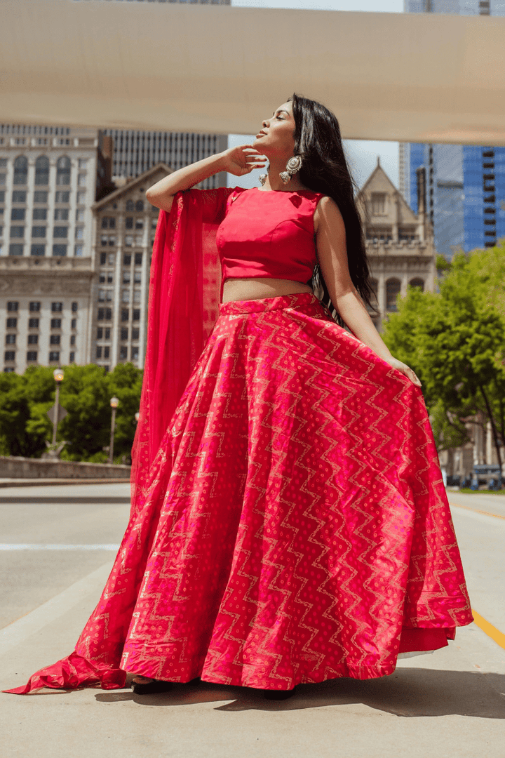Red Chaniya Choli with Tie-Back Blouse-[mehendi outfit]-Raas