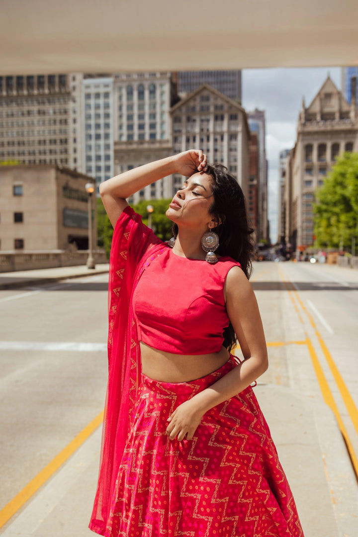 Red Chaniya Choli with Tie-Back Blouse-[mehendi outfit]-Raas