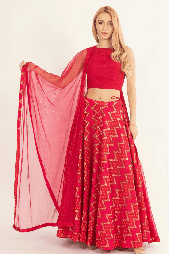Red Chaniya Choli with Tie-Back Blouse-[mehendi outfit]-Raas