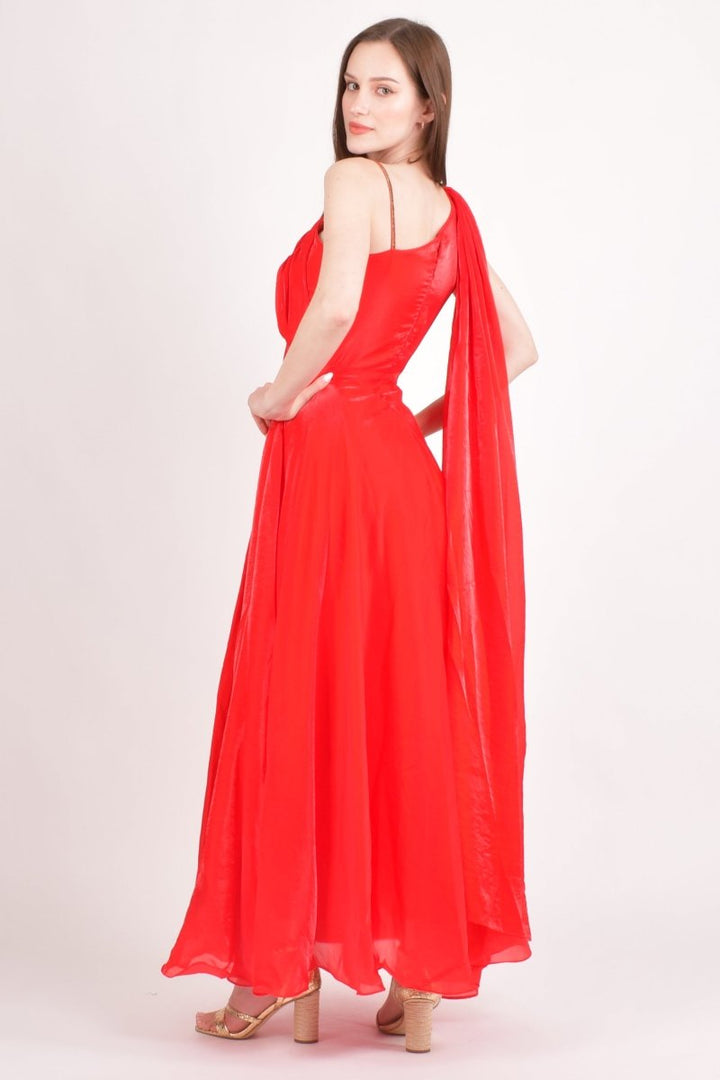 Red Embellished Silk Maxi Dress-Raas USA