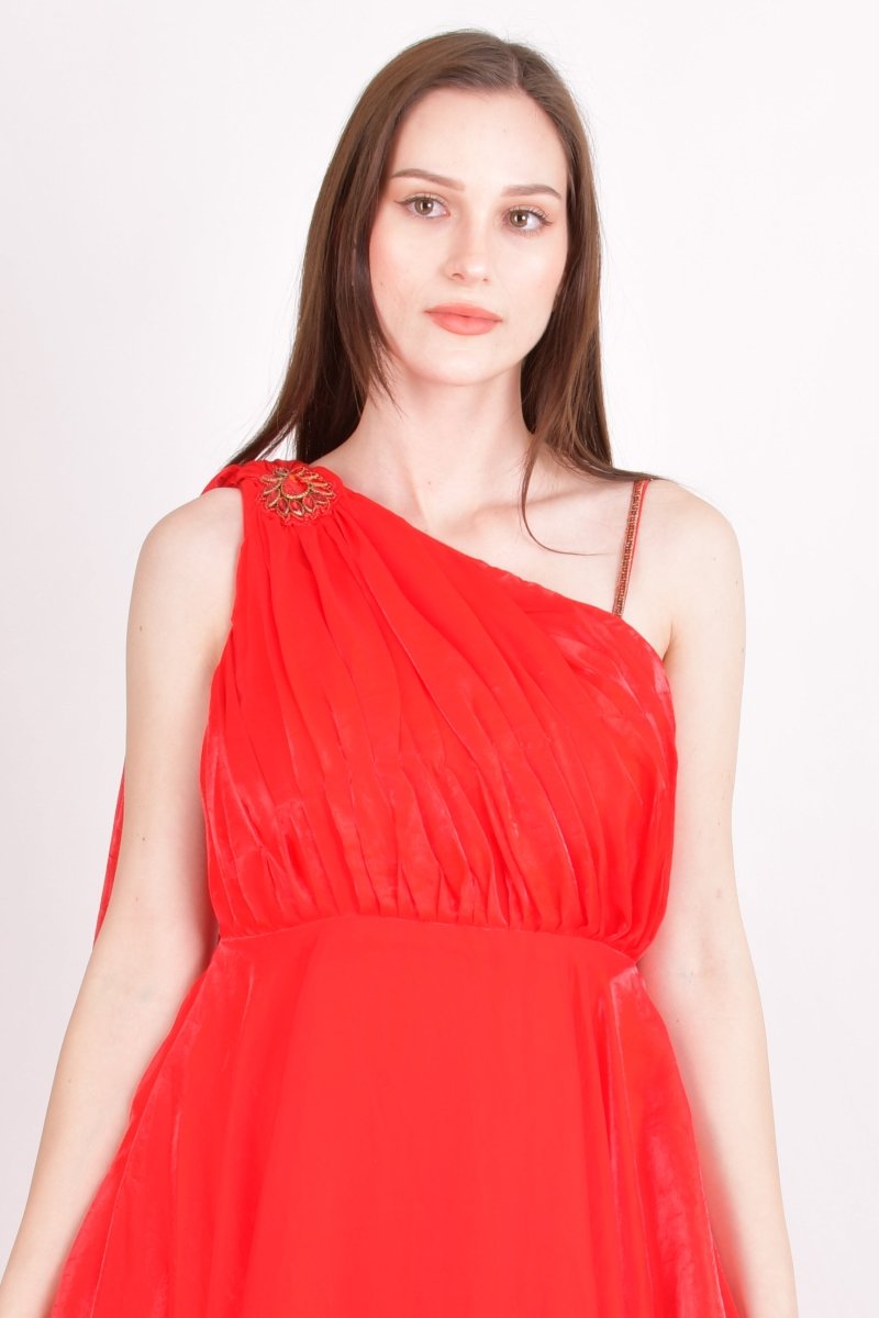 Red Embellished Silk Maxi Dress-Raas USA