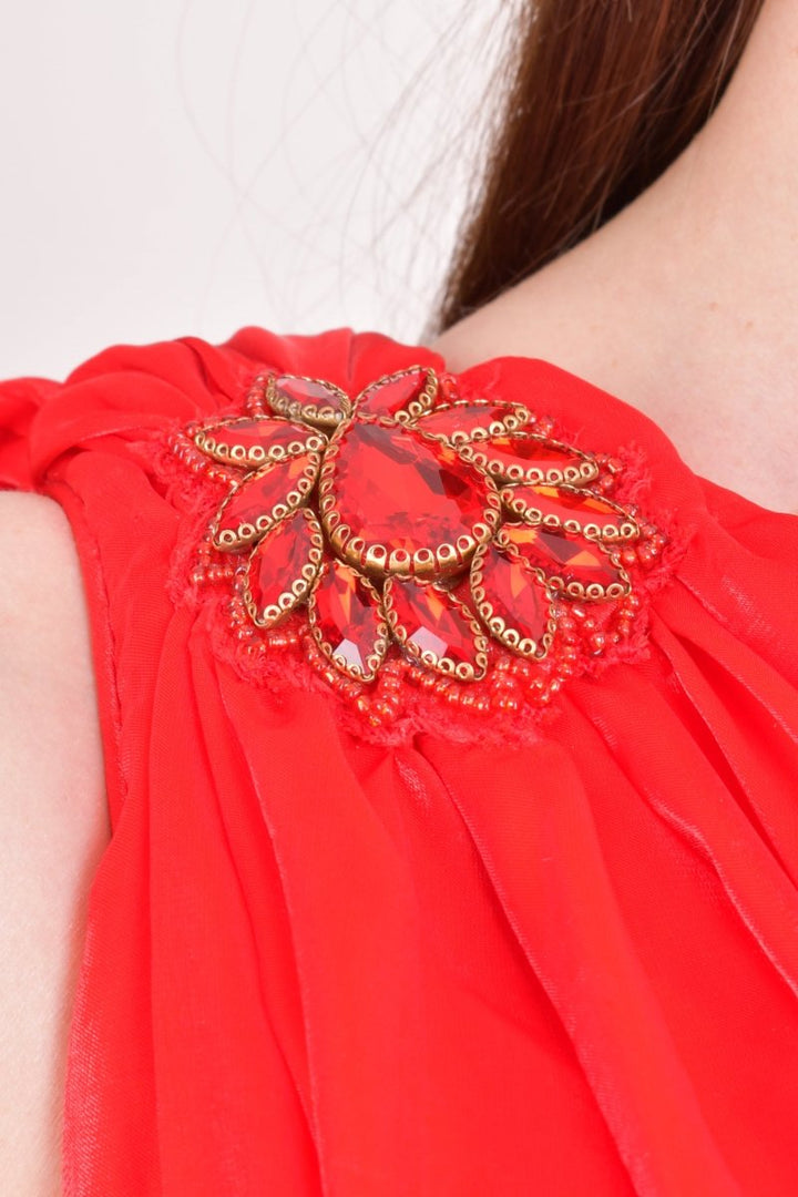 Red Embellished Silk Maxi Dress-Raas USA