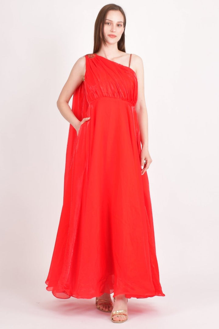 Red Embellished Silk Maxi Dress-Raas USA