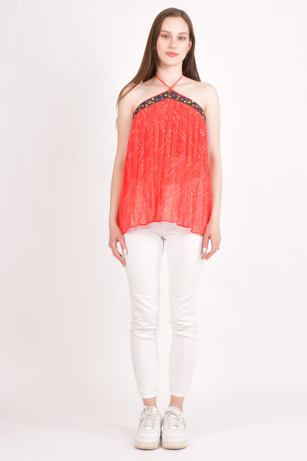 Red Embroidered Halter Top-Raas USA