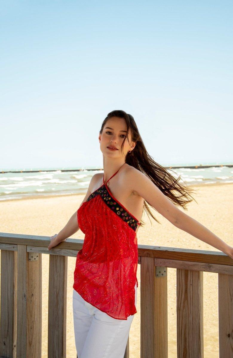 Red Embroidered Halter Top TOPS & TUNICS RAAS