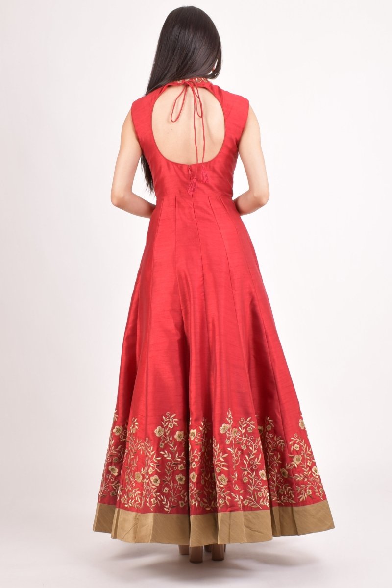 Red Embroidered Silk High Neck Gown-Raas USA