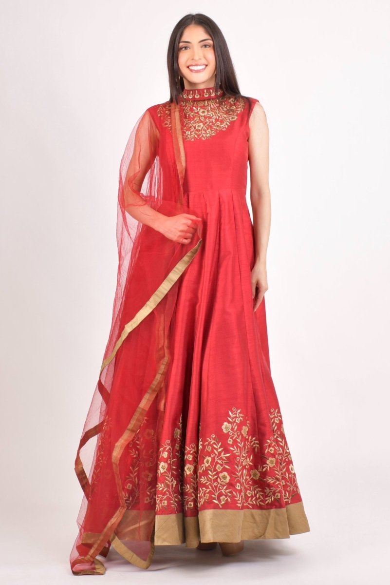 Red Embroidered Silk High Neck Gown-Raas USA