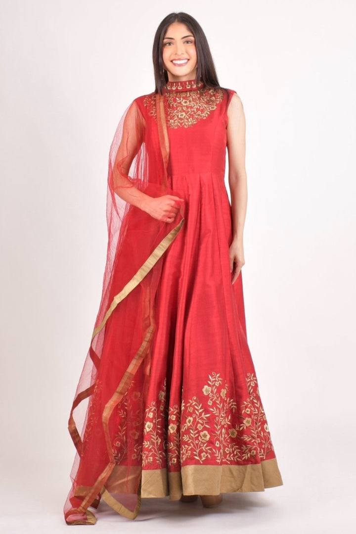 Red Embroidered Silk High Neck Gown-Raas USA