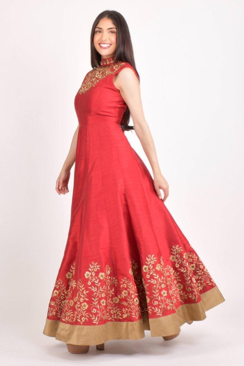 Red Embroidered Silk High Neck Gown ANARKALI & GOWN RAAS