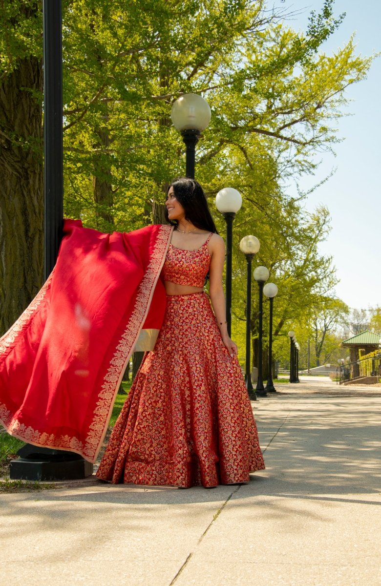 Red Jacquard Banarasi Lehenga Choli Set-[comfort-first-design]-[lightweight]-Raas