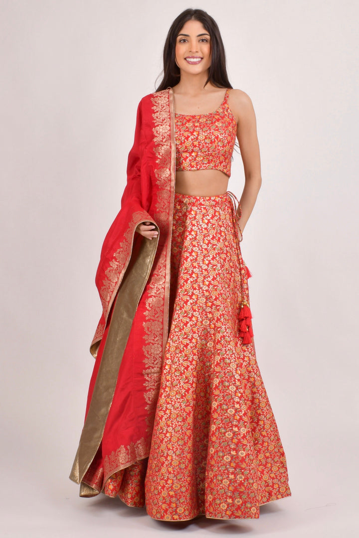 Red Jacquard Banarasi Lehenga Choli Set-[comfort-first-design]-[lightweight]-Raas