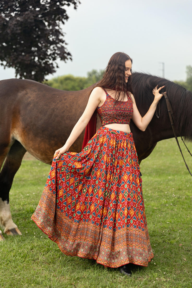 Red Patola Print Lehenga Choli Set-[mehendi outfit]-Raas