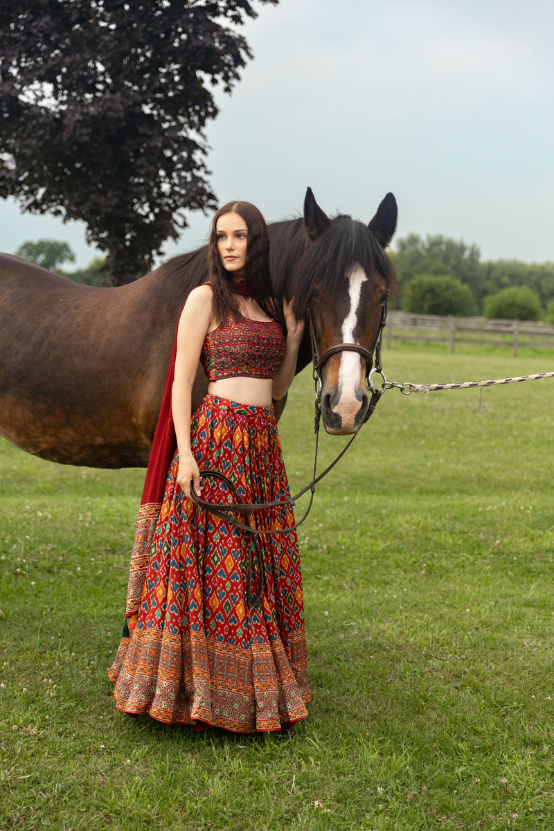 Red Patola Print Lehenga Choli Set-[mehendi outfit]-Raas