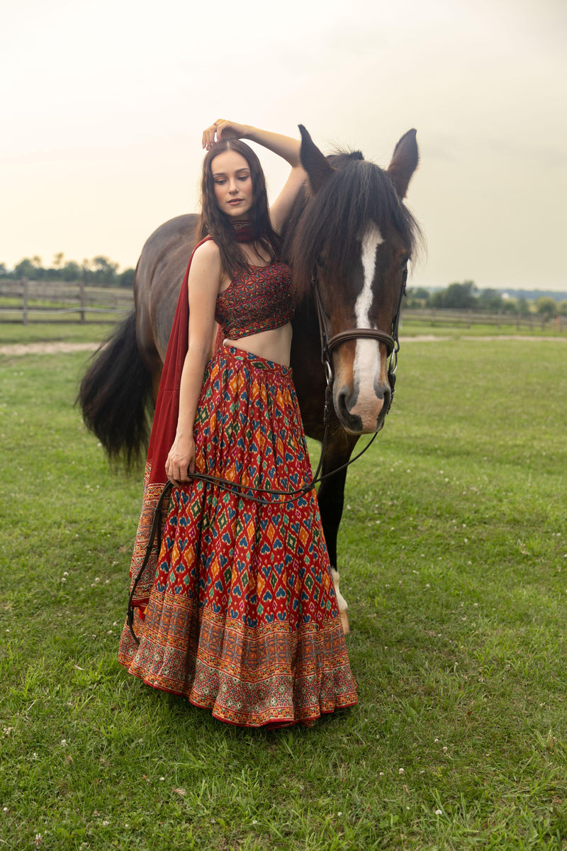 Red Patola Print Lehenga Choli Set-[mehendi outfit]-Raas
