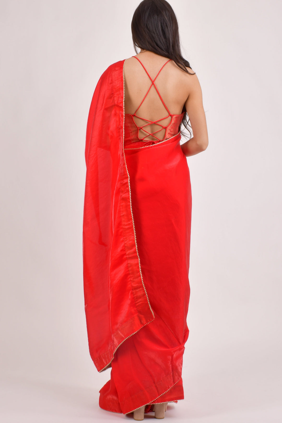 Red Pre-Stitched Saree with Banarasi Jacquard Blouse-[pre_stitched_saree]-Raas