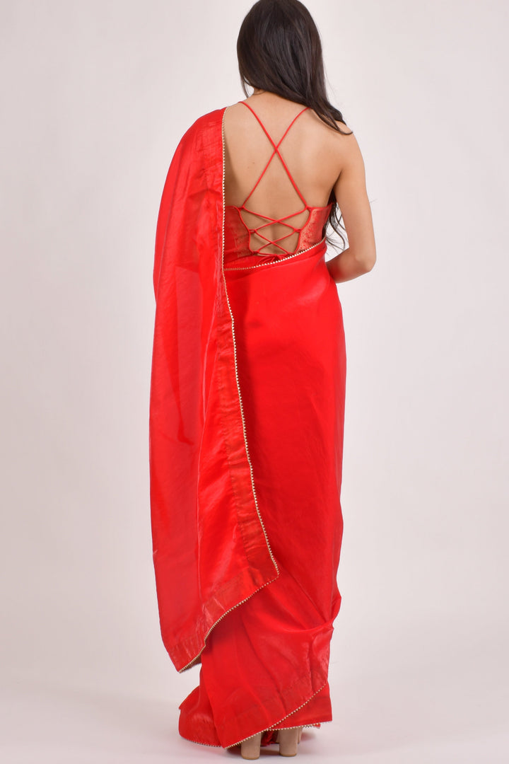 Red Pre-Stitched Saree with Banarasi Jacquard Blouse-[pre_stitched_saree]-Raas