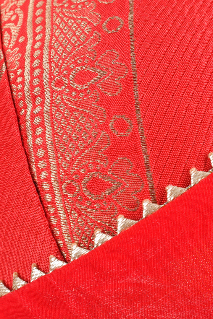 Red Pre-Stitched Saree with Banarasi Jacquard Blouse-[pre_stitched_saree]-Raas