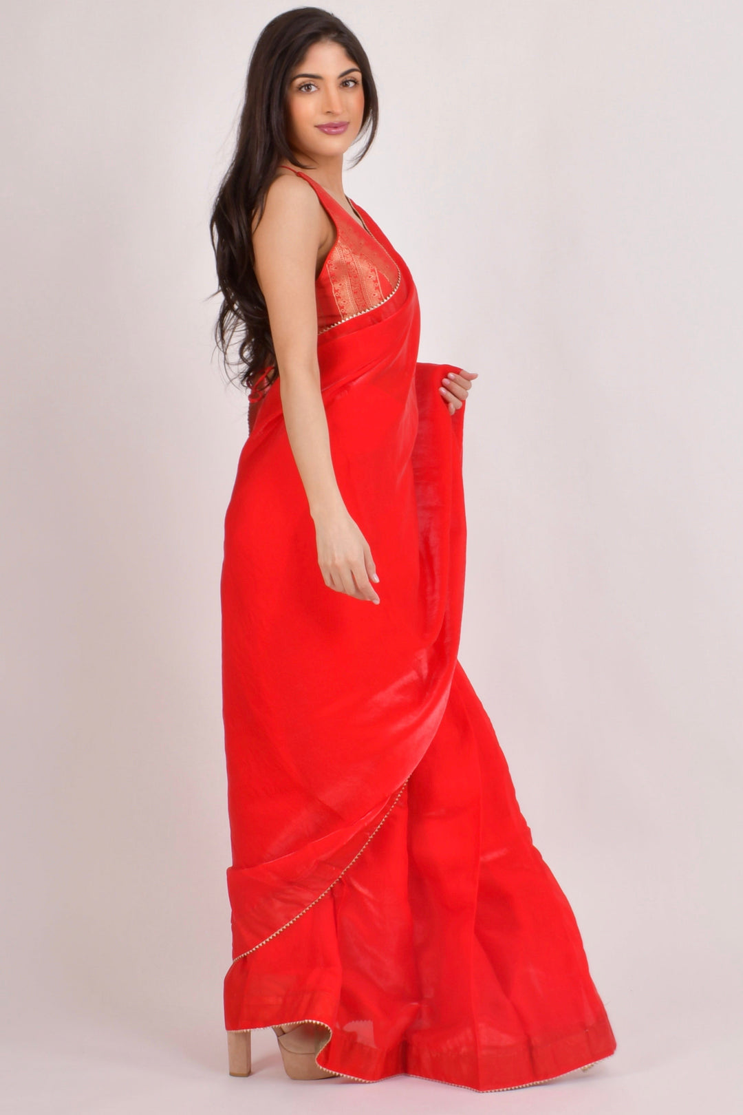 Red Pre-Stitched Saree with Banarasi Jacquard Blouse-[pre_stitched_saree]-Raas