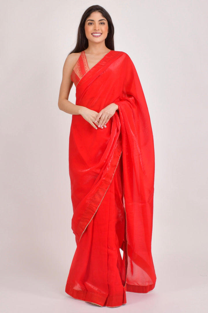 Red Pre-Stitched Saree with Banarasi Jacquard Blouse-[pre_stitched_saree]-Raas