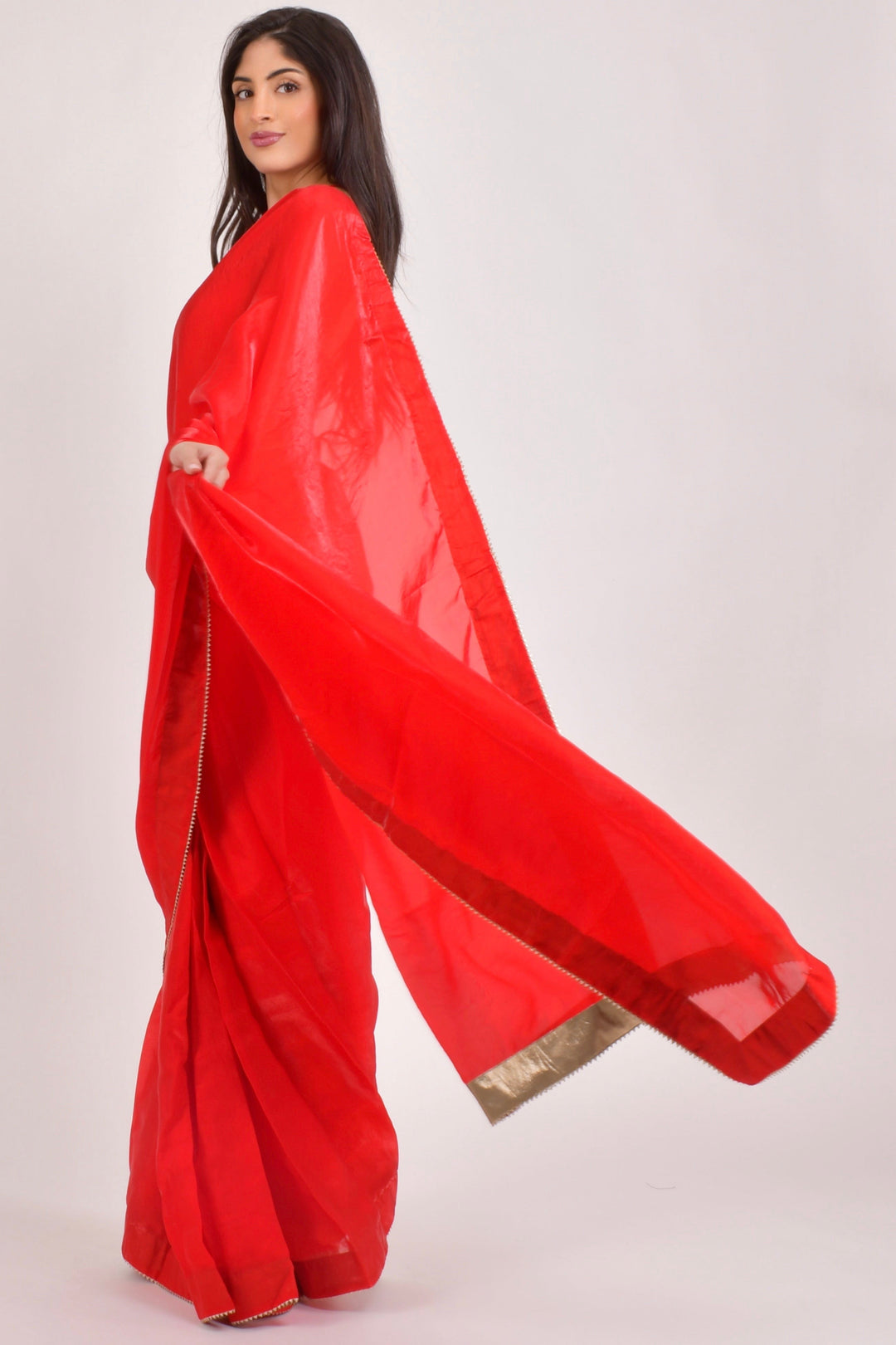 Red Pre-Stitched Saree with Banarasi Jacquard Blouse-[pre_stitched_saree]-Raas