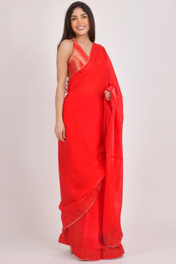 Red Pre-Stitched Saree with Banarasi Jacquard Blouse-[pre_stitched_saree]-Raas