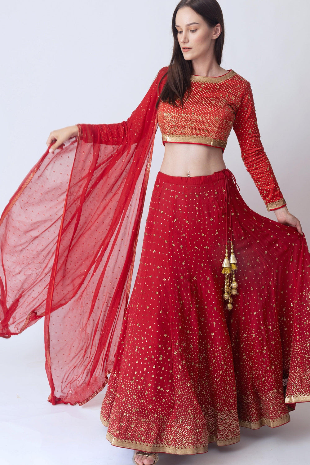 Red Sequins Lehengha Choli Set-[bridal_lehenga]-Raas