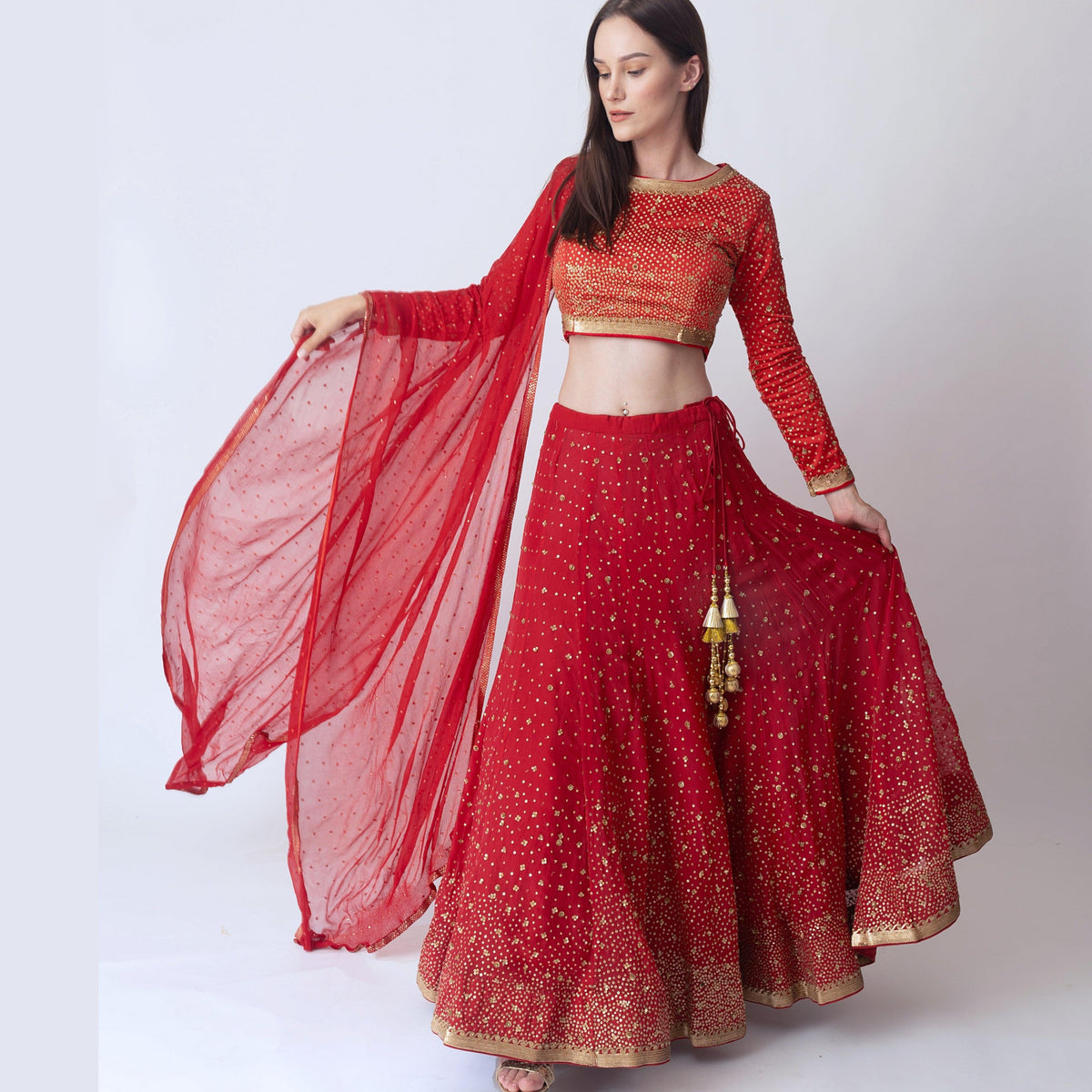 Red Sequins Lehengha Choli Set-[bridal_lehenga]-Raas