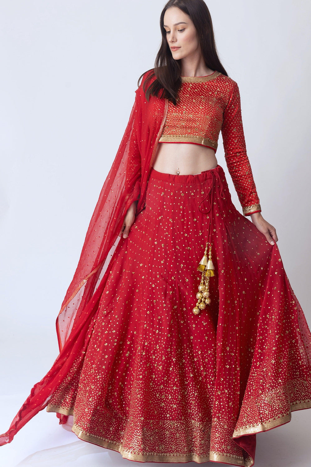 Red Sequins Lehengha Choli Set-[bridal_lehenga]-Raas