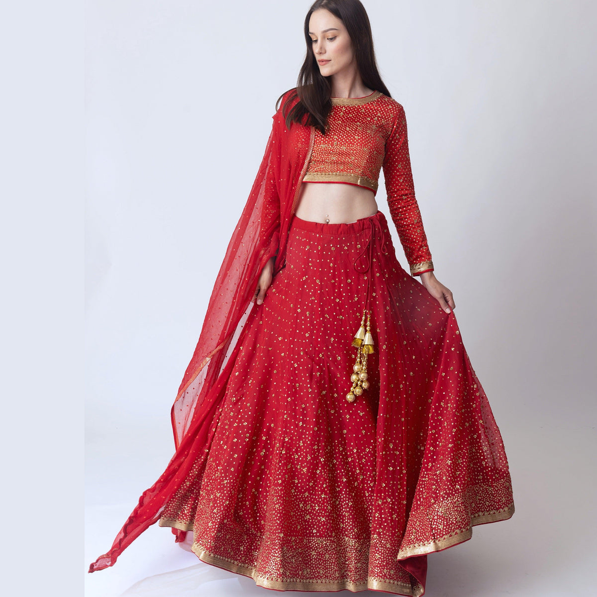 Red Sequins Lehengha Choli Set-[bridal_lehenga]-Raas