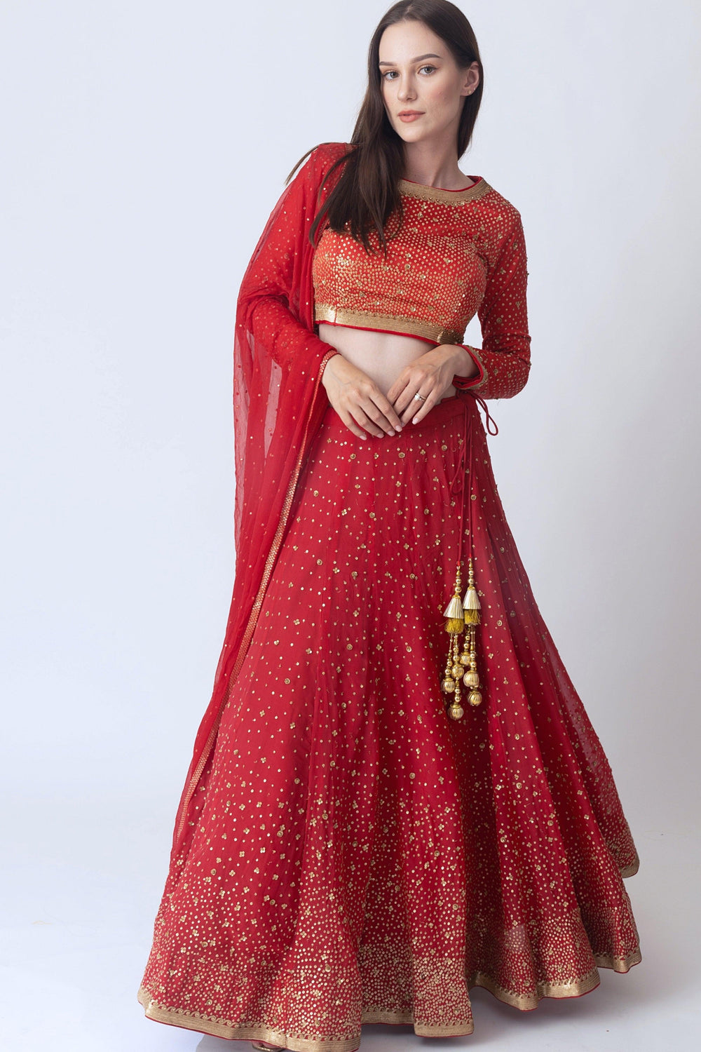Red Sequins Lehengha Choli Set-[bridal_lehenga]-Raas