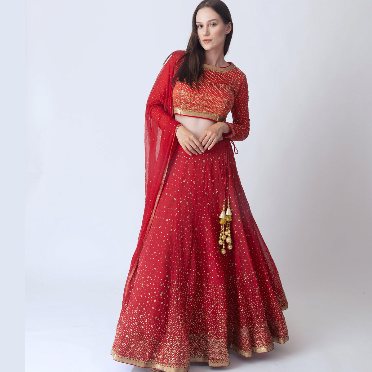 Red Sequins Lehengha Choli Set-[bridal_lehenga]-Raas