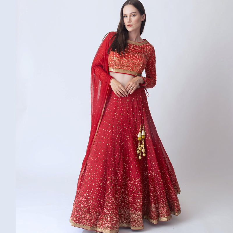 Red Sequins Lehengha Choli Set-[bridal_lehenga]-Raas
