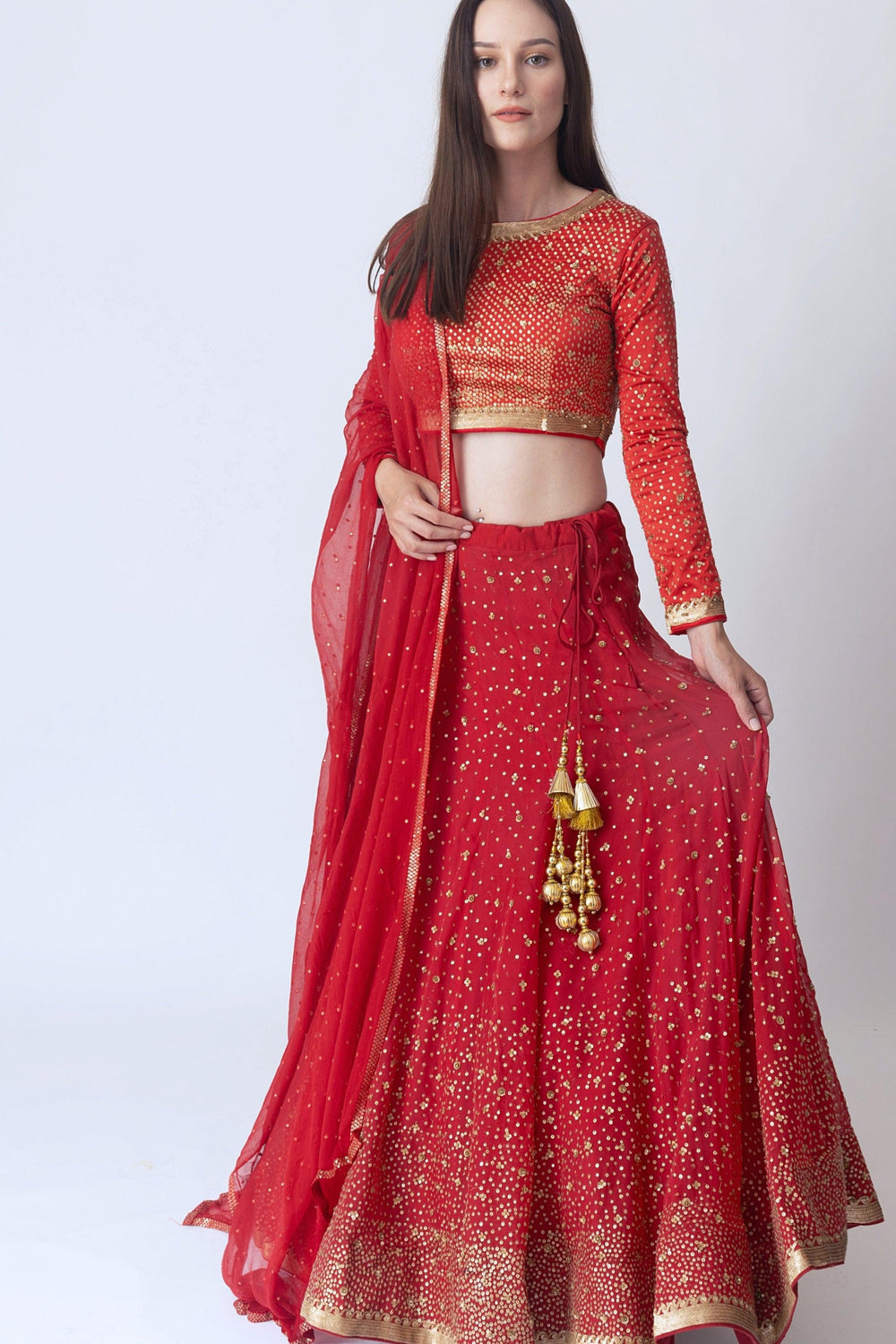 Red Sequins Lehengha Choli Set-[bridal_lehenga]-Raas