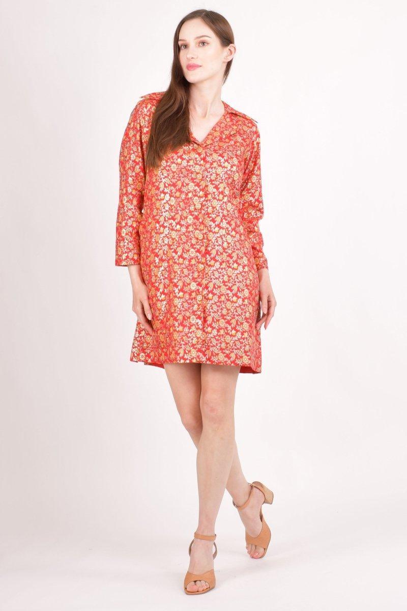 Red silk jacquard blazer dress with gold floral brocade pattern, front button closure, and structured silhouette.