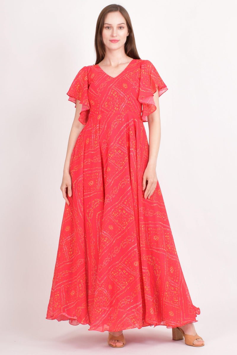 Red georgette maxi dress with all-over bandhani print and soft butterfly sleeves.