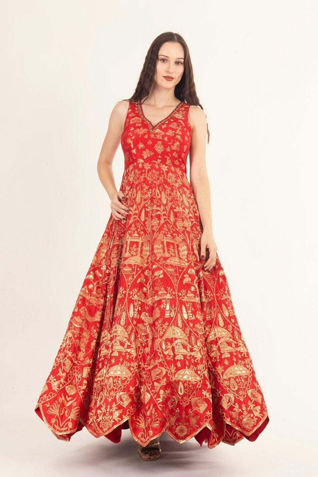 Red Sweetheart Neckline Jacquard Gown-Raas USA