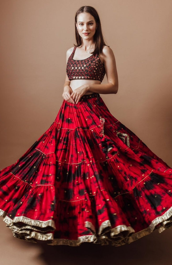 Red Tie Dye Lehenga with Gaji Silk Dupatta-[mehendi outfit]-Raas