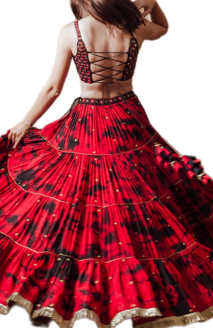 Red Tie Dye Lehenga with Gaji Silk Dupatta-[mehendi outfit]-Raas