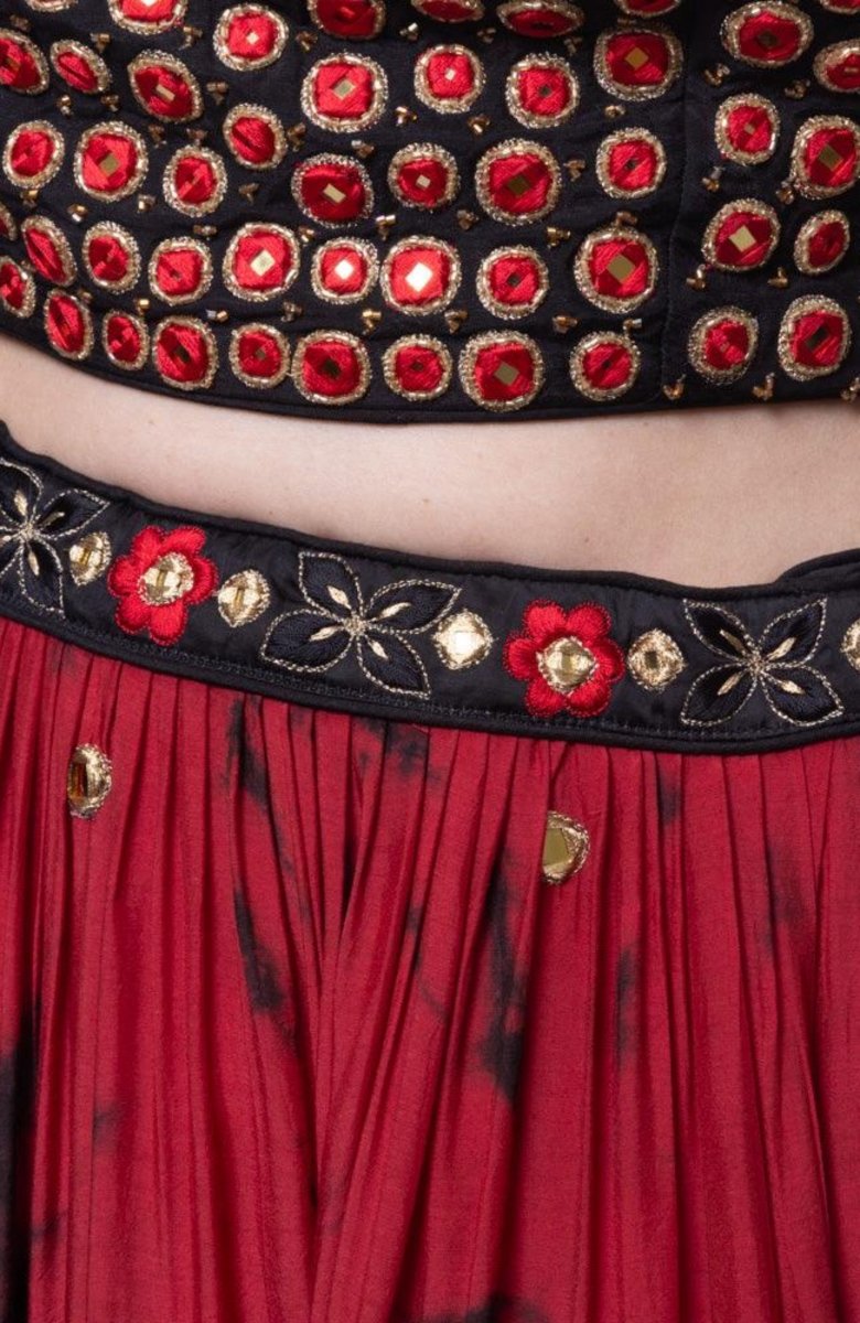 Red Tie Dye Lehenga with Gaji Silk Dupatta-[mehendi outfit]-Raas