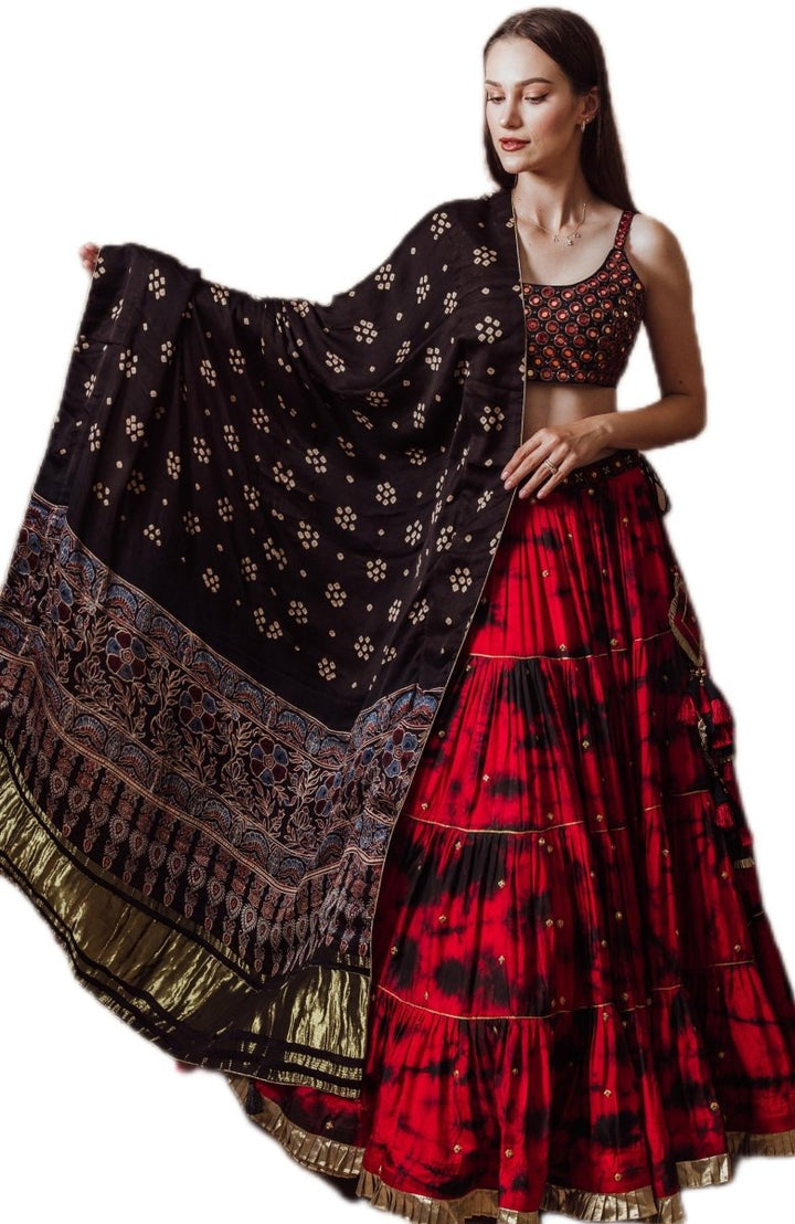 Red Tie Dye Lehenga with Gaji Silk Dupatta-[mehendi outfit]-Raas