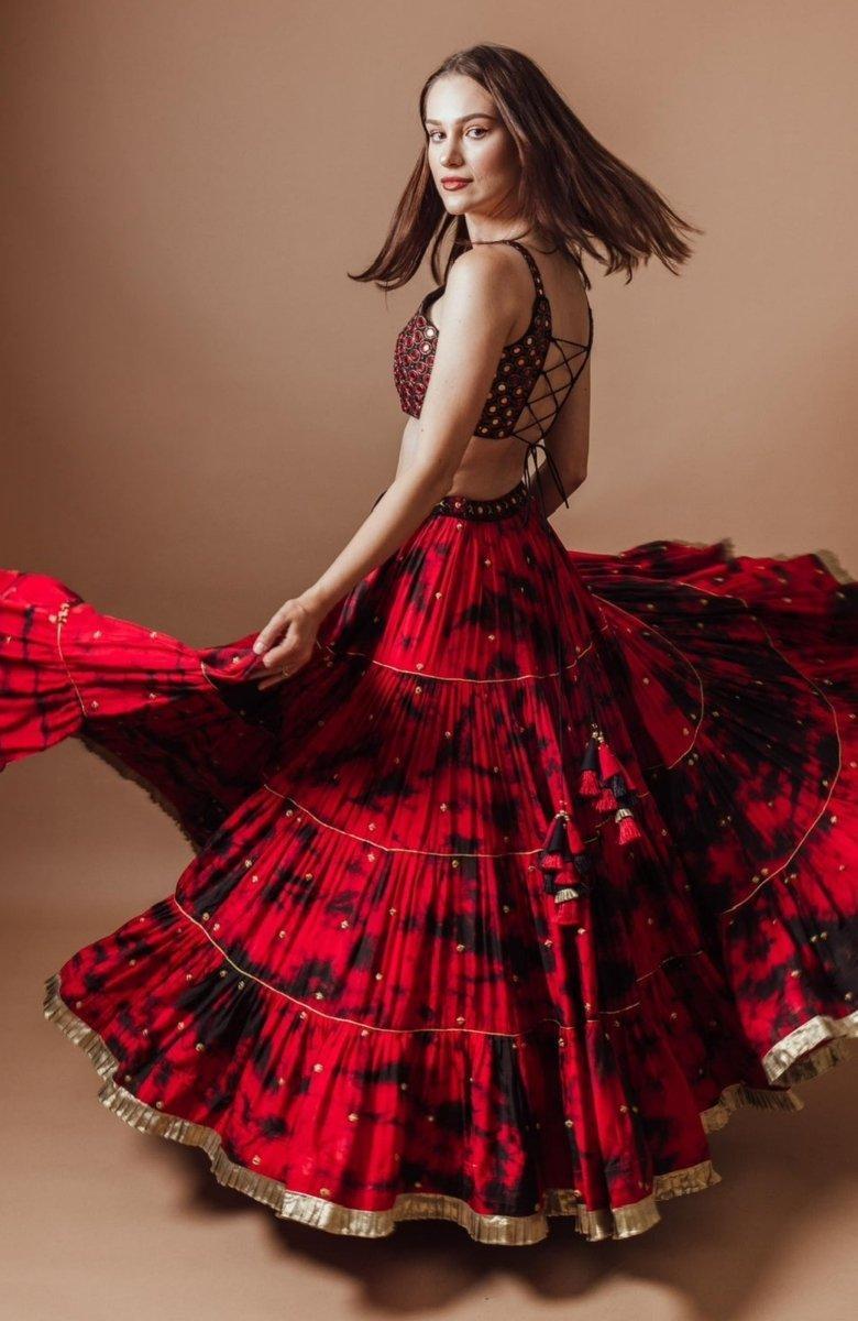 Red Tie Dye Lehenga with Gaji Silk Dupatta-[mehendi outfit]-Raas