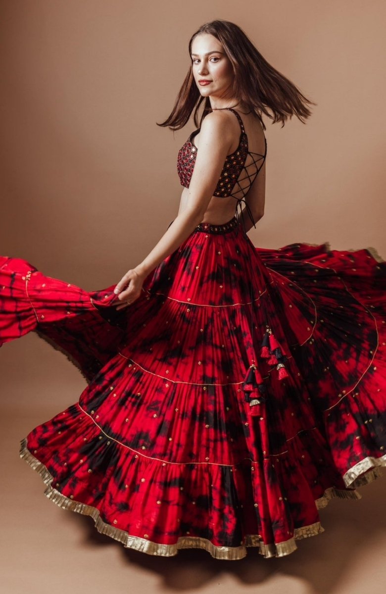 Red Tie Dye Lehenga with Gaji Silk Dupatta-[mehendi outfit]-Raas